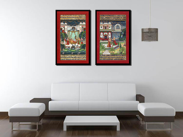 Set Of 2 Bundi Palace Painting Handmade Indian Miniature Rajasthani Ragini Folk Decor Art - Gallery Wrapped Art Print (18x30)