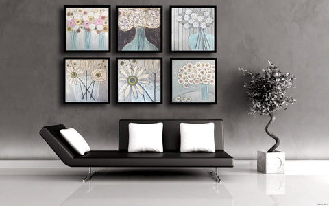Set Of 6 Contemporary Pastel Floral - Framed Canvas Art Print (12x12)