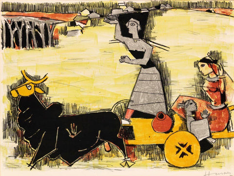 Women In A Bullock Cart - Framed Prints by M F Husain