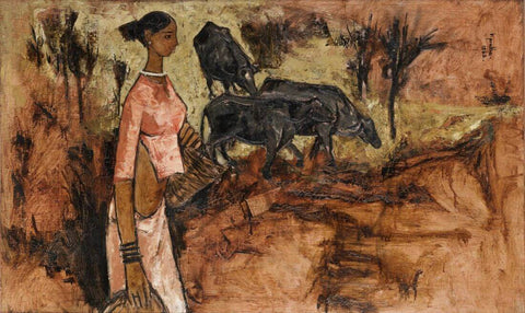 Woman with Bulls - Framed Prints by B. Prabha