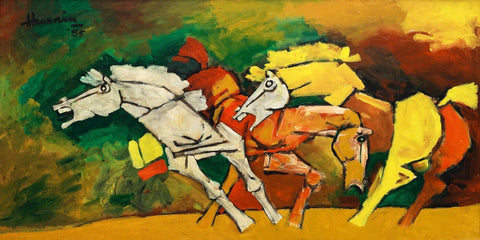 Yellow And White Horse - Canvas Prints by M F Husain