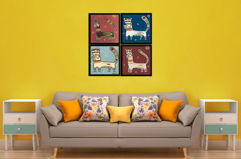 Set of 4 Jamini Roy Paintings - Tiger And Cub - Framed Canvas by Jamini Roy