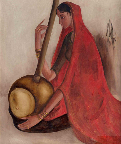 Woman with Sitar - Large Art Prints by B. Prabha