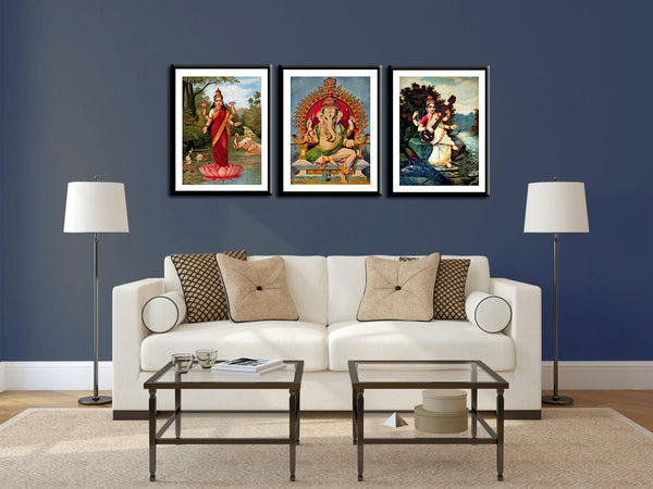Set of 3 Ganesh Lakshmi Saraswati - Raja Ravi Varma  - Framed Posters - Small (10 x 18) inches each