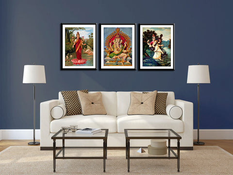 Set of 3 Ganesh Lakshmi Saraswati - Raja Ravi Varma  - Framed Posters - Small (10 x 18) inches each by Raja Ravi Varma