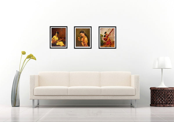 Set Of 3 Raja Ravi Varma Paintings- Kadambari, Woman Holding a Fruit And Malabar Lady With Veena - Framed Art Print