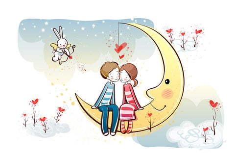 Valentines Day Gift - Sweet Couple On Moon - Framed Prints by Sina Irani