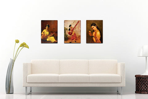 Set Of 3 Raja Ravi Varma Paintings- Kadambari, Woman Holding a Fruit And Malabar Lady With Veena - Gallery Wrapped Art Print by Raja Ravi Varma