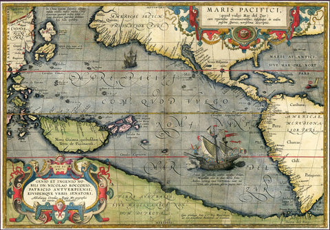 Decorative Vintage World Map - Maris Pacifici - Abraham Ortelius - 1589 - Large Art Prints by Abraham Ortelius