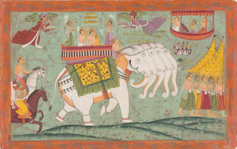 A Celestial Procession With Indra And A Jina - C.1740 -  Vintage Indian Miniature Art Painting - Canvas Prints by Miniature Vintage