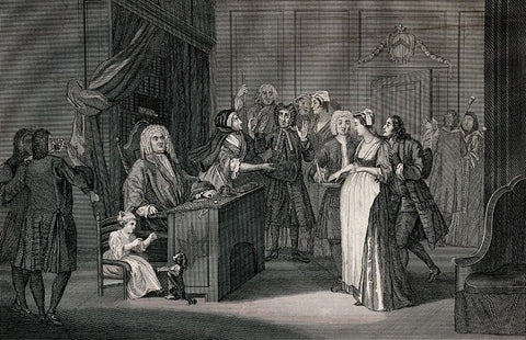 A Courtroom Scene With A Judge, A Pregnant Woman And A Guilty Looking Man - Thomas Cook - Legal Art Illustration Engraving - Large Art Prints by Office Art