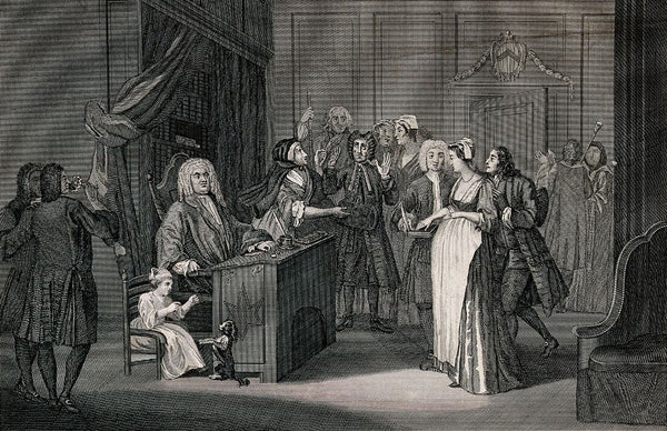 A Courtroom Scene With A Judge, A Pregnant Woman And A Guilty Looking Man - Thomas Cook - Legal Art Illustration Engraving - Posters