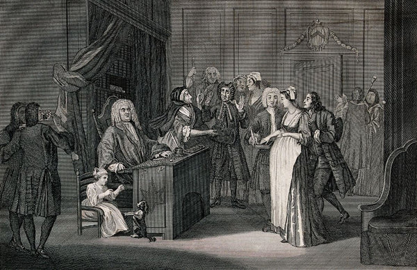A Courtroom Scene With A Judge, A Pregnant Woman And A Guilty Looking Man - Thomas Cook - Legal Art Illustration Engraving - Framed Prints