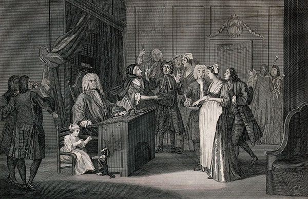 A Courtroom Scene With A Judge, A Pregnant Woman And A Guilty Looking Man - Thomas Cook - Legal Art Illustration Engraving - Framed Prints