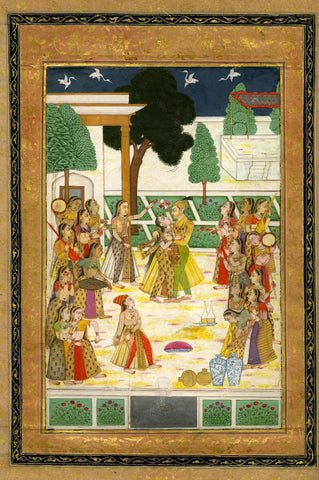 A King With His Favourite In A Garden With Attendants At Holi Festival - Rajasthan School, Mid - 18Th Century - Vintage Indian Miniature Art Painting - Canvas Prints by Miniature Vintage