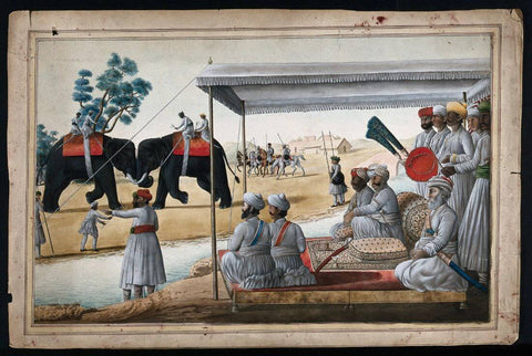 A Nawab And His Guest Watching An Elephant Fight - C.1800 -  Vintage Indian Miniature Art Painting - Canvas Prints by Miniature Vintage