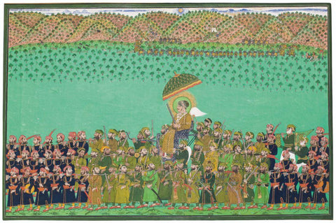 A Painting Of A Maharana Of Udaipur (Possibly Sajjan Singh) In Procession - Late 19Th-Early 20Th Century - Vintage Indian Miniature Art Painting - Posters by Miniature Vintage