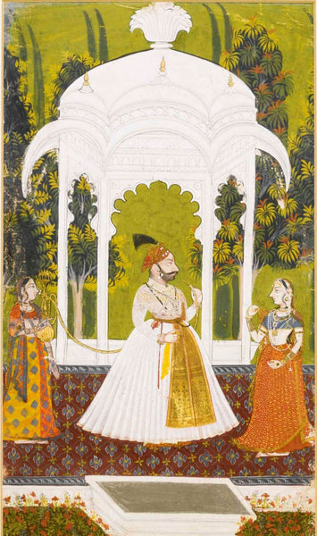 A Prince Of Mewar In A Garden With Two LadiesMid - 18Th Century -  Vintage Indian Miniature Art Painting - Framed Prints