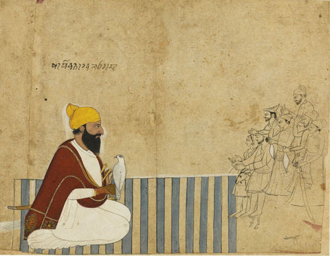 A Raja On A Dhurrie Receiving Company, A Falcon On His Wrist, Attributable To Nainsukh Of Guler Or A DescendantLate - 18Th Century - C.1710 - 78 -  Vintage Indian Miniature Art Painting - Art Prints by Miniature Vintage
