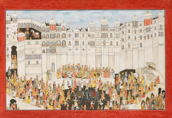 A Ruler In Durbar Watching An Elephant Fight - Mewar 19Th Century Indian Vintage Miniature Painting -  Vintage Indian Miniature Art Painting - Canvas Prints