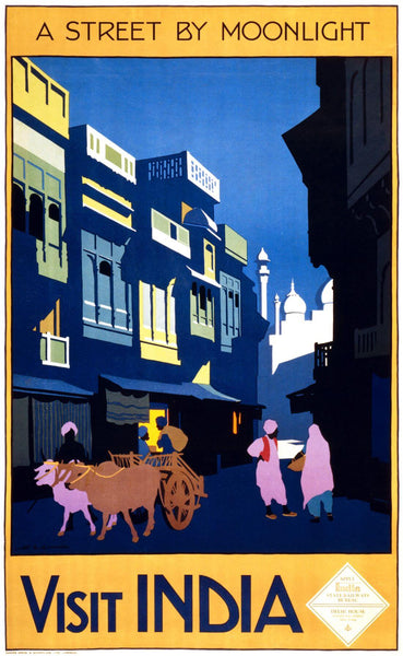 A Street By Moonlight - Visit India - 1930s Vintage Travel Poster - Framed Prints