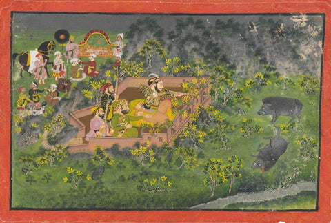 A Wild Boar Hunt - C.1760 - 80 -  Vintage Indian Miniature Art Painting - Framed Prints by Miniature Vintage