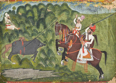 A Wild Boar Hunt - First Half 18Th Century -Vintage Indian Miniature Art Painting - Posters by Miniature Vintage