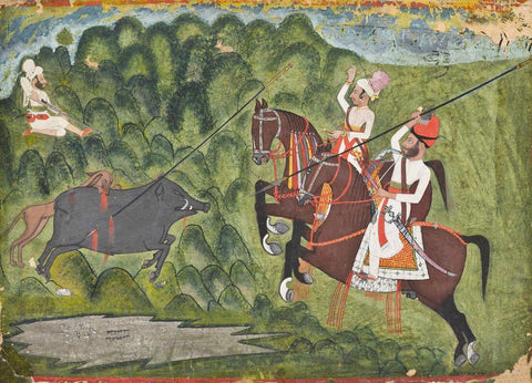 A Wild Boar Hunt - First Half 18Th Century -Vintage Indian Miniature Art Painting - Large Art Prints