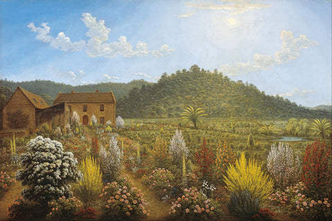 A view of the artists house and garden, in Mills Plains, Van Diemens - Large Art Prints by John Glover