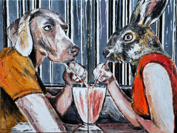 A Dog And A Rabbit Sitting In A Diner - Canvas Prints