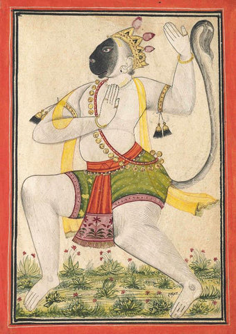 A Painting Of Hanuman - Rajput Painting - Bilaspur - 1700 - Vintage Indian Miniature Ramayan Painting - Art Prints by Kritanta Vala