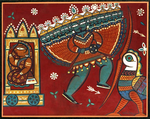 Abduction Of Sita (Jatayu And Ravana) - Jamini Roy - Ramayan Painting - Framed Prints