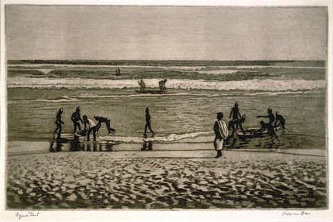 Active Nulias (Fishermen) - Haren Das - Bengal School Art Aquatint Painting - Art Prints