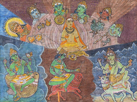 Adi Sankara Smarta  (With The 5-Deity Altar - Ga?apati, Surya, Vish?u, Shiva, Shakti and Kumara) - Indian Spiritual Religious Art Painting - Large Art Prints by Raja