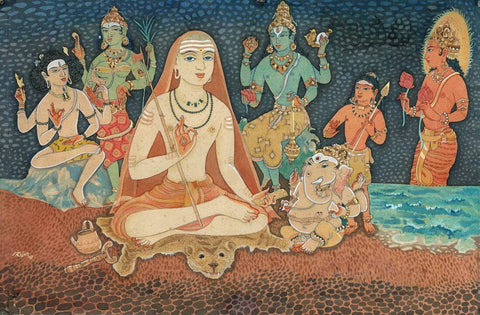 Adi Shankarar With Shiva, Parvati, Vishnu, Ganesha, Muruga and Surya - Indian Spiritual Religious Art Painting - Posters by Raja