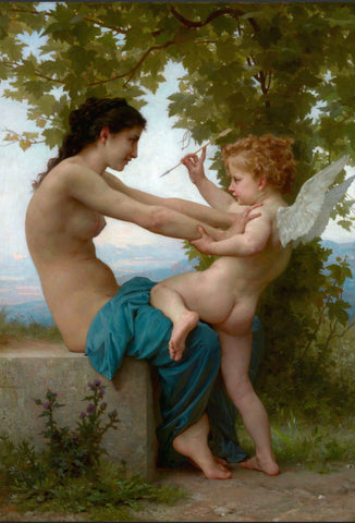 A Young Girl Defending Herself against Love (Une jeune fille se défend contre lamour) – Adolphe-William Bouguereau Painting - Framed Prints by Tallenge Store