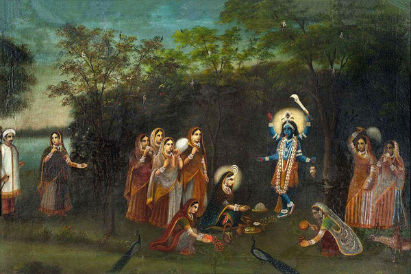 Adoration of Krishna-kali By Radha Observed By Her Husband Abhimanyu - Bengal school - Framed Prints