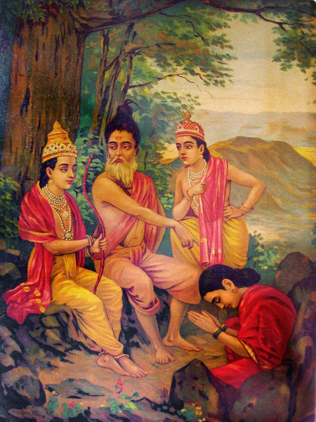 Ahilyaoddhar - Ram Releasing Ahalya From Curse Raja Ravi Varma Press Oleograph Print - Indian Ramayan Art - Framed Prints