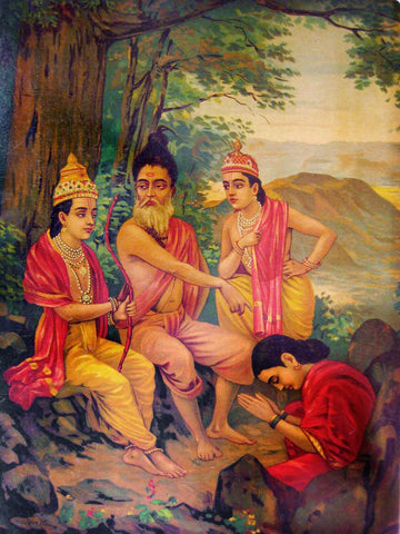 Ahilyaoddhar - Ram Releasing Ahalya From Curse Raja Ravi Varma Press Oleograph Print - Indian Ramayan Art - Posters