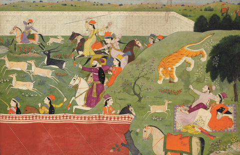 Indian Miniature Art - Rajput Painting - Alauddin And Mahima Hunting - Life Size Posters by Angele Hammonds