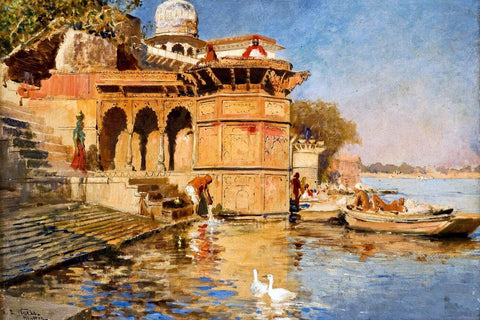 Along the Mathura Ghats - Edwin Lord Weeks - Orientalism Artwork Painting by Edwin Lord Weeks
