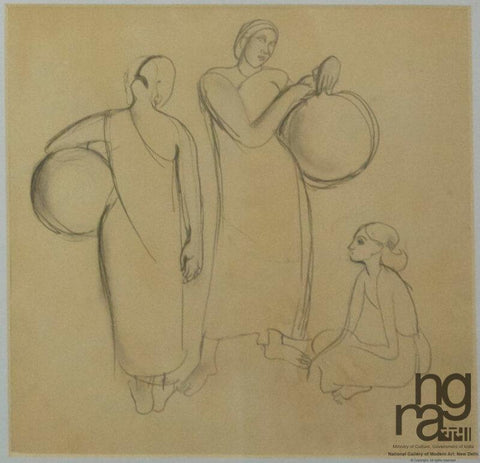 Untitled - Sketch Of Two Women Carrying Pots - Posters by Amrita Sher-Gil