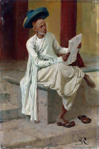 An Indian Man Reading The Newspaper In The Bazaar, Bombay - Horase Van Ruith - Large Art Prints by Horace Van Ruith