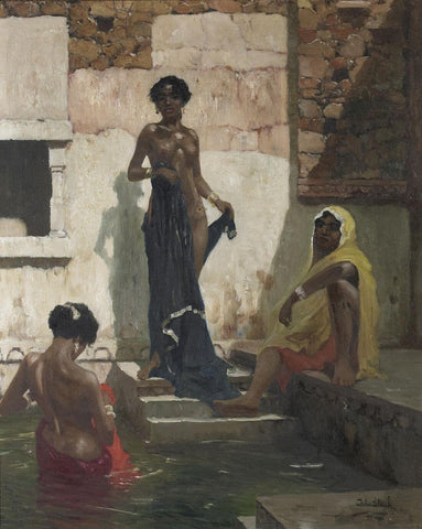 At The Baths - John Gleich - Vintage Orientalist Painting - Art Prints by John Gleich