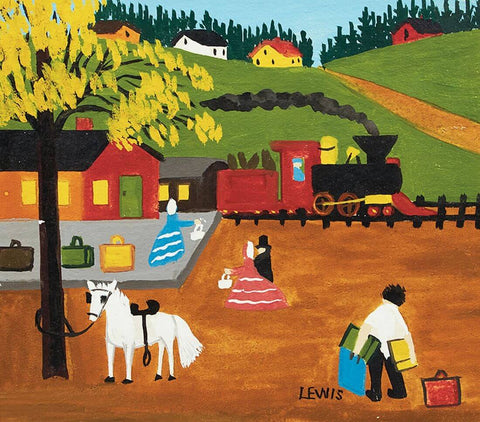 At The Train Station - Maud Lewis - Canadian Folk Artist Painting by Maud Lewis