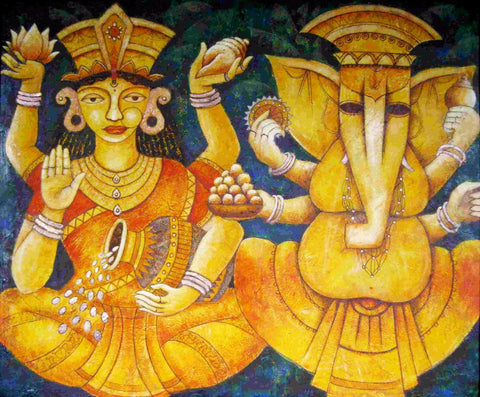Auspicious Lakshmi Ganesha - Ganesha Painting Collection - Diwali Puja - Canvas Prints