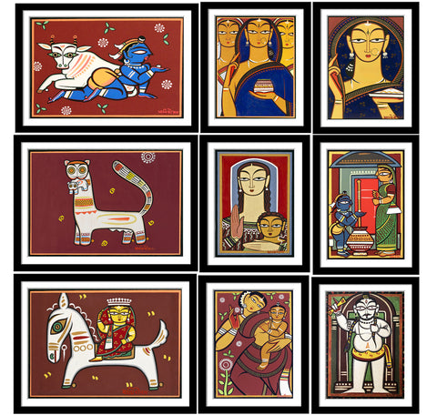 Set of 10 Best of Jamini Roy Paintings - Framed Poster Paper (12 x 17 inches) each