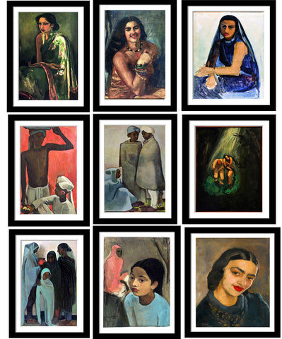 Set of 10 Best of Amrita Sher-Gil Paintings - Framed Poster Paper (12 x 17 inches) each