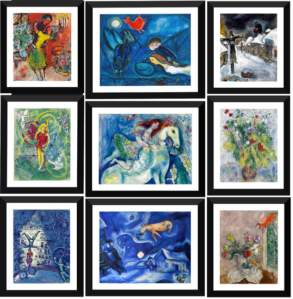 Set of 10 Best of Marc Chagall Paintings - Framed Poster Paper (12 x 17 inches) each