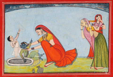 Baby Krishna Plays With His Mother Yashodha - Pahari School circa 1800 - Indian Vintage Miniature Painting - Framed Prints